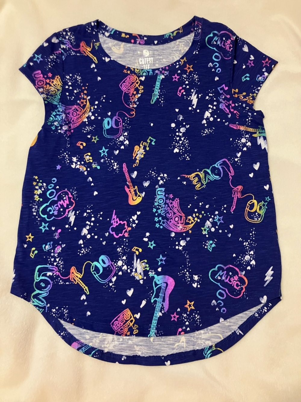 NWOT Girls' Navy Music Graphic Hi/lo Tee 20-22” long size 12